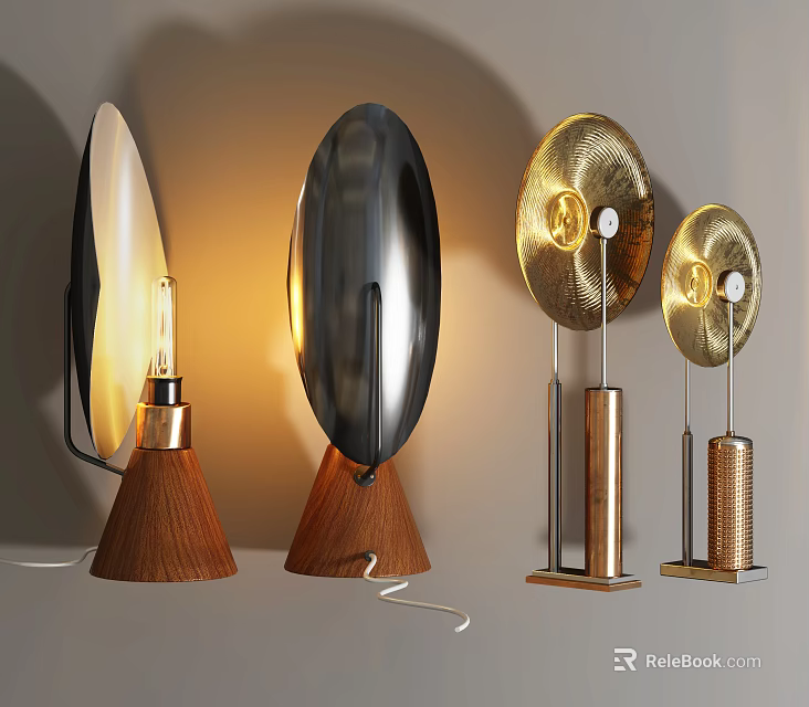 Modern Table Lamps with Metallic Shades and Wooden Bases in Various Stylish Designs 3d model 