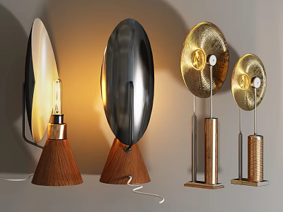 Modern Table Lamps with Metallic Shades and Wooden Bases in Various Stylish Designs 3d model