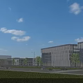 Modern Office Building With Glass Facade Greenery Road Cars Under Blue Sky And White Clouds
