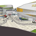 Modern Commercial Street With Glass Buildings Open Plaza Outdoor Seating And Pedestrian Walkways