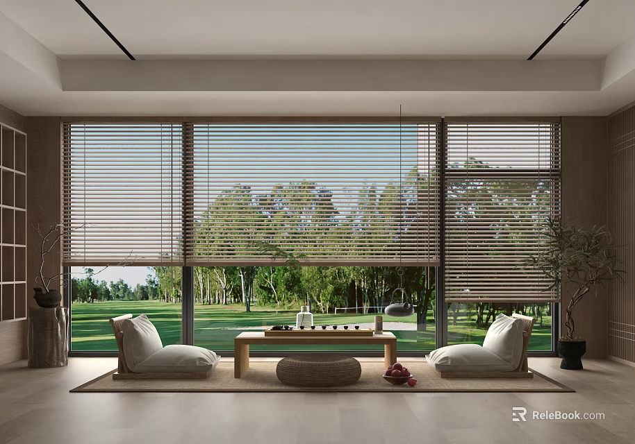 Modern Home Balcony Interior With Large Windows Blinds Green View And Floor Cushions 3d model 