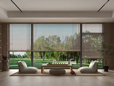 Modern Home Balcony Interior With Large Windows Blinds Green View And Floor Cushions 3d model