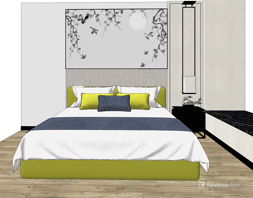 Double Bed with Green Headboard White Blue Sheets Yellow Blue Pillows and Decorative Wall Art 3d model