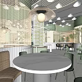 Elegant Modern Restaurant Interior With Green Plants Round Pendant Lights White Bar And Green Chairs