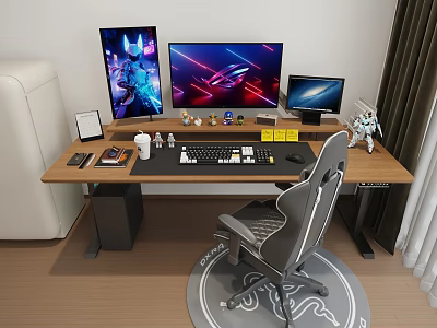 Gaming Computer Workstation With Three Monitors Wooden Desk And Ergonomic Chair 3d model