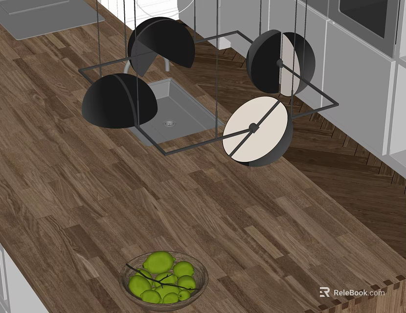 Modern Chandelier with Black and White Circular Pendants Hanging Above Wooden Kitchen Counter 3d model 
