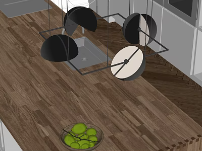 Modern Chandelier with Black and White Circular Pendants Hanging Above Wooden Kitchen Counter 3d model
