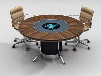 Round Wooden Conference Table with Central Digital Display and Brown Wheeled Chairs on Black Base 3d model