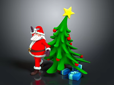 Festive Christmas Scene With Santa Claus Green Tree Star Ornaments And Gift Boxes 3d model