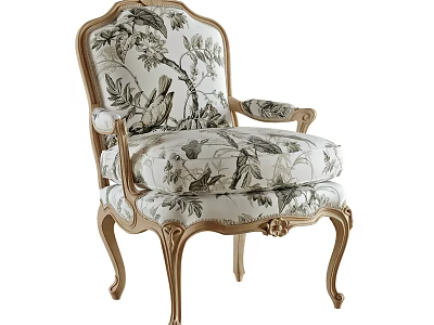 French Style Accent Chair With Carved Wooden Frame And Floral Bird Pattern Fabric 3d model