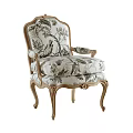 French Style Accent Chair With Carved Wooden Frame And Floral Bird Pattern Fabric