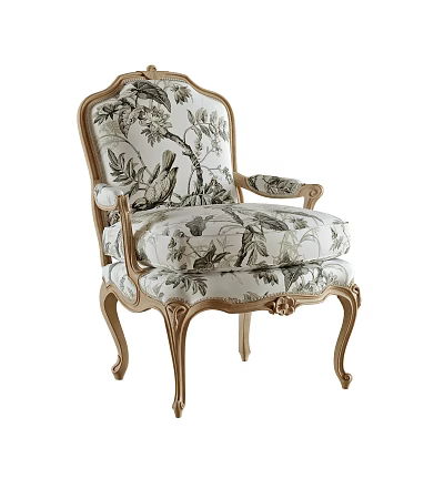 French Style Accent Chair With Carved Wooden Frame And Floral Bird Pattern Fabric 3d model