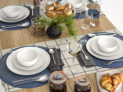 Elegant Tableware Set With White Bowls Plates Blue Placemats Glassware Bread Jars And Decorative Plants 3d model