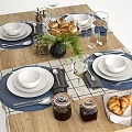Elegant Tableware Set With White Bowls Plates Blue Placemats Glassware Bread Jars And Decorative Plants