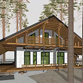 Residential House with Wooden Structure Black Roof Gray Walls Large Windows Deck in Natural Surroundings