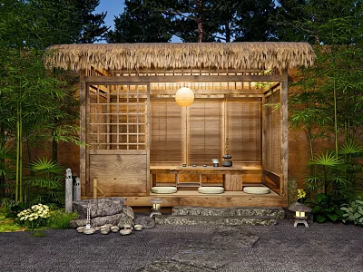 Courtyard Garden Featuring Thatch Roof Wooden Structure Bamboo Lattice Hanging Lantern Stone Path And Greenery 3d model
