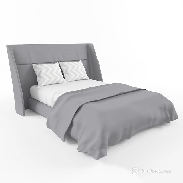 Modern Gray Double Bed with Upholstered Headboard Chevron Pillows and Bedding 3d model