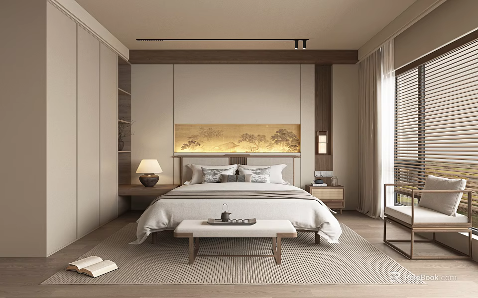 Modern Minimalist Hotel Guest Room Interior With King Bed Decorative Painting And Bedside Tables 3d model 