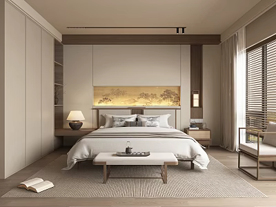 Modern Minimalist Hotel Guest Room Interior With King Bed Decorative Painting And Bedside Tables 3d model