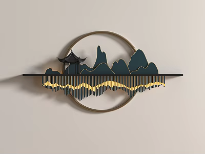 Decorative Chinese Circular Wall Hanging With Pagoda Mountain Landscape And Yellow Strips 3d model