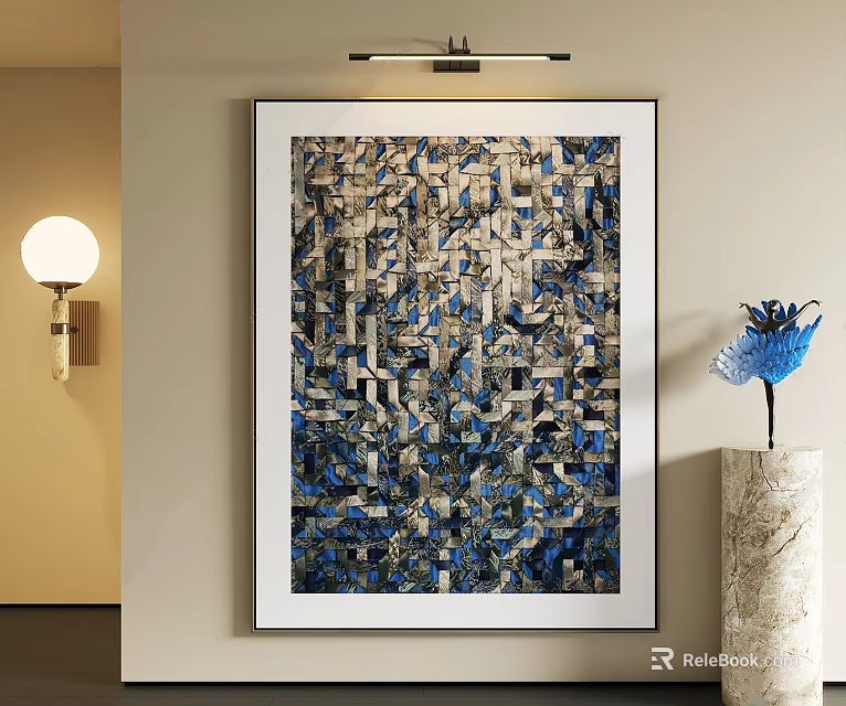 Abstract Painting With Blue White Geometric Patterns On Wall With Blue Vase And Marble Base 3d model 