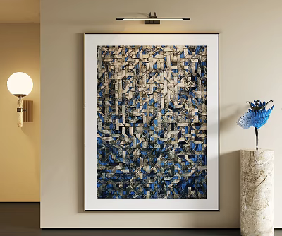 Abstract Painting With Blue White Geometric Patterns On Wall With Blue Vase And Marble Base 3d model