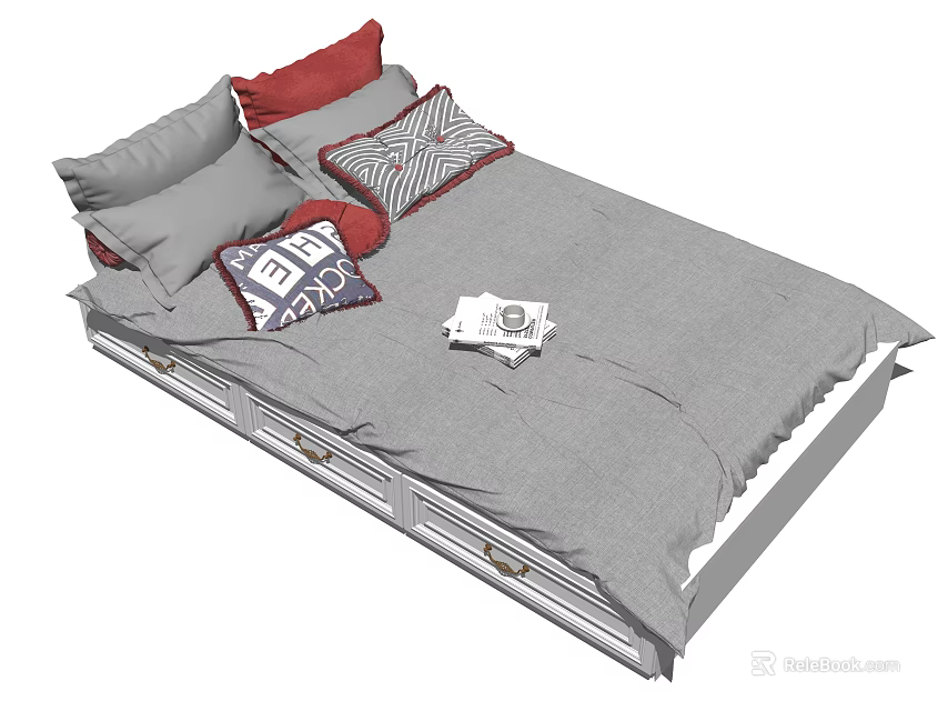 Modern Gray Double Bed With Red Gray Pillows Patterned Cushions And Drawer Storage 3d model