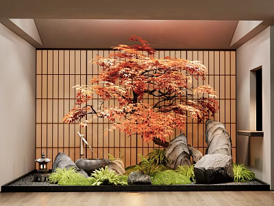 Indoor Landscape With Red Maple Tree Wooden Lattice Wall Stones And Green Plants 3d model