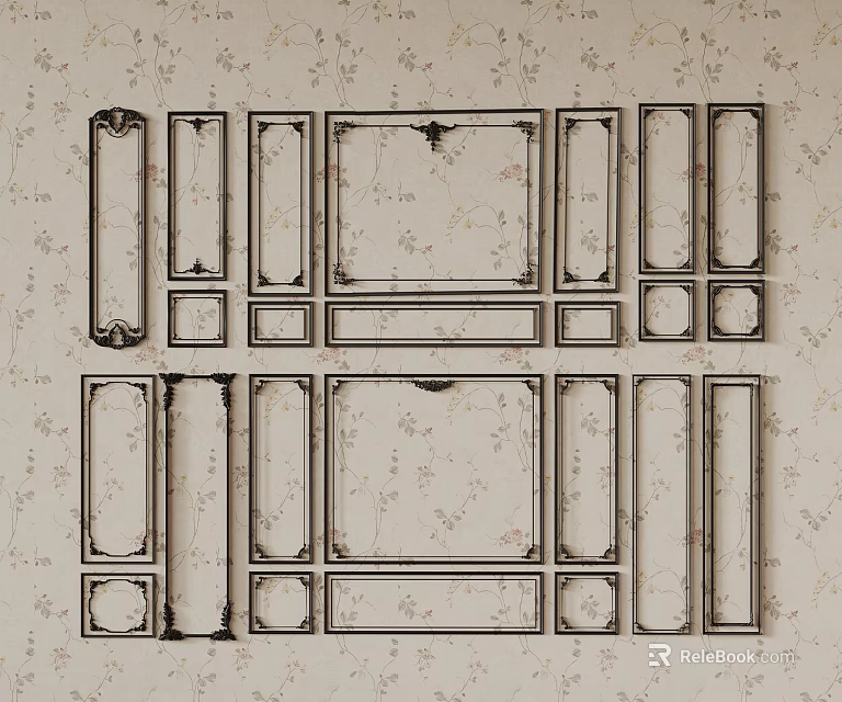 Vintage Decorative Frames With Various Shapes And Floral Pattern Background 3d model