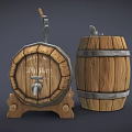 Wooden Storage Barrels With Axe Faucet And Metal Bands For Home Use