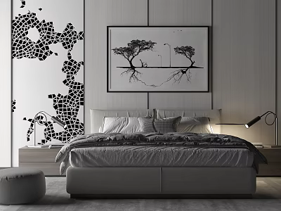 Modern Bedroom Interior Featuring Double Bed Wall Art Nightstand Lamp And Cozy Bedding 3d model