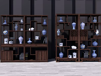 Chinese Traditional Wooden Curio Display Shelf Showcasing Blue And White Porcelain Decorative Pieces 3d model