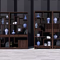 Chinese Traditional Wooden Curio Display Shelf Showcasing Blue And White Porcelain Decorative Pieces