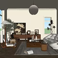 Modern Living Room Interior With White Sofa Round Pendant Light Wooden Floor And Decorative Painting