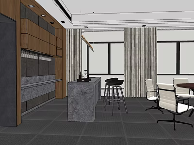 Modern Office Interior With Wooden Cabinets Bar Counter And Stools Tables Chairs Large Windows Curtains 3d model