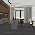Modern Office Interior With Wooden Cabinets Bar Counter And Stools Tables Chairs Large Windows Curtains