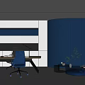 Modern Office Interior Design With Blue Walls Desk Chair And Potted Plant