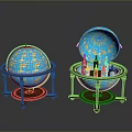 Two Globe Bar Cabinets One Closed And One Open With Wine Bottles On Wooden Stands