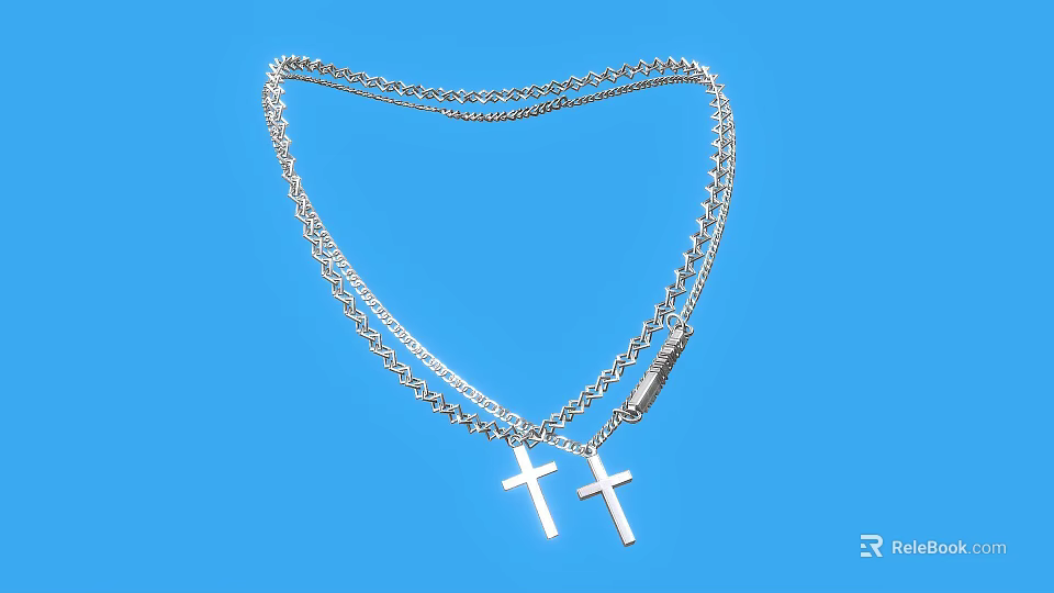 Silver Necklace With Double Chain Design And Two Cross Pendants On Blue Background 3d model