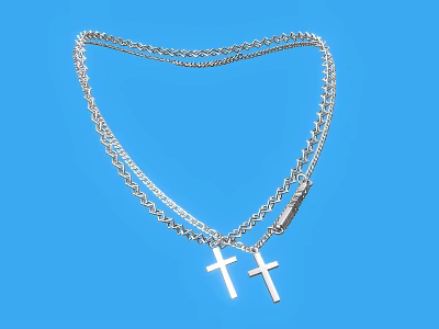 Silver Necklace With Double Chain Design And Two Cross Pendants On Blue Background 3d model
