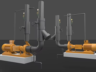 Industrial Equipment With Yellow Motors Black Pipelines And Control Valves On Concrete Bases 3d model