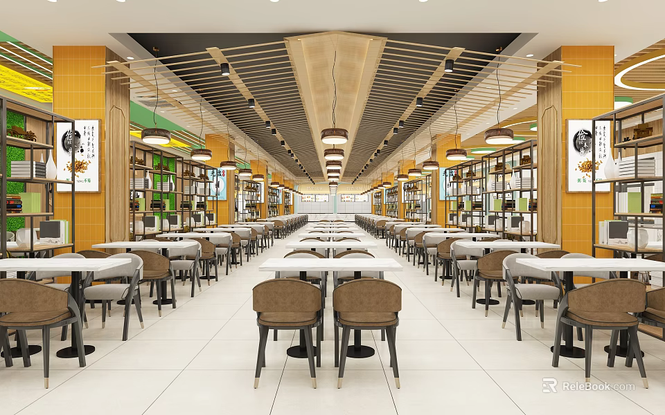 Traditional Chinese Restaurant Interior With Wooden Ceiling Shelves Hanging Lights And Tables 3d model 