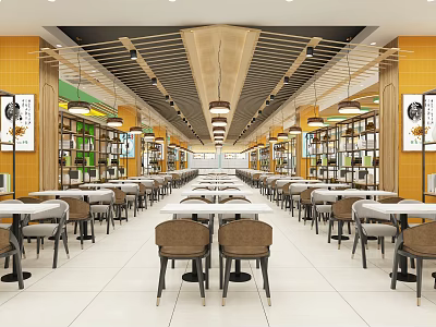 Traditional Chinese Restaurant Interior With Wooden Ceiling Shelves Hanging Lights And Tables 3d model