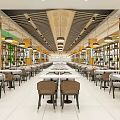 Traditional Chinese Restaurant Interior With Wooden Ceiling Shelves Hanging Lights And Tables