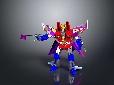 Vibrant Robot Character And Mechanical Creature With Wings Holding Gun And Flag 3d model