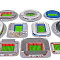 Different Stadium Models Featuring Various Designs Seating Colors And Green Fields 3d model