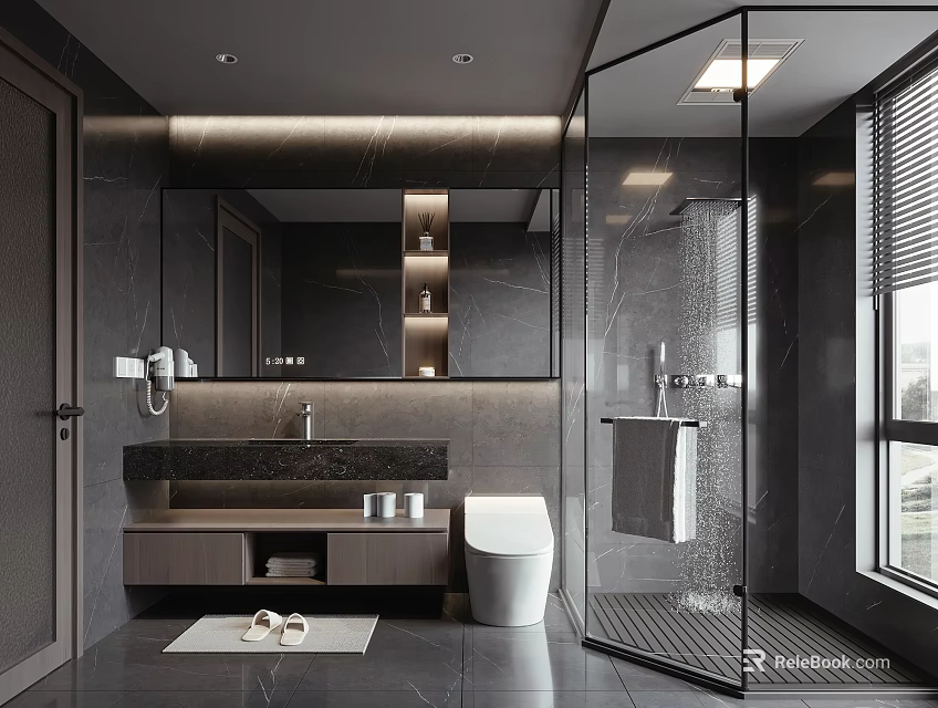 Modern Bathroom Interior With Glass Shower Large Mirror Marble Countertop And White Toilet 3d model 