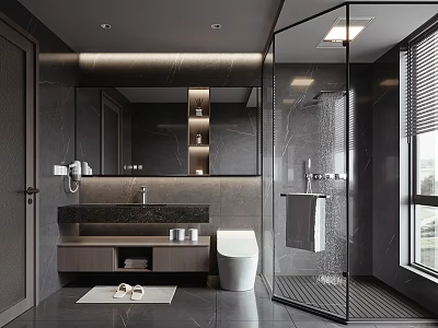 Modern Bathroom Interior With Glass Shower Large Mirror Marble Countertop And White Toilet 3d model
