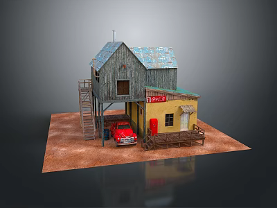 Scenic Old Wooden House Gray Roof Yellow Building Red Sign Red Car Brown Sandy Ground 3d model