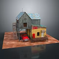 Scenic Old Wooden House Gray Roof Yellow Building Red Sign Red Car Brown Sandy Ground